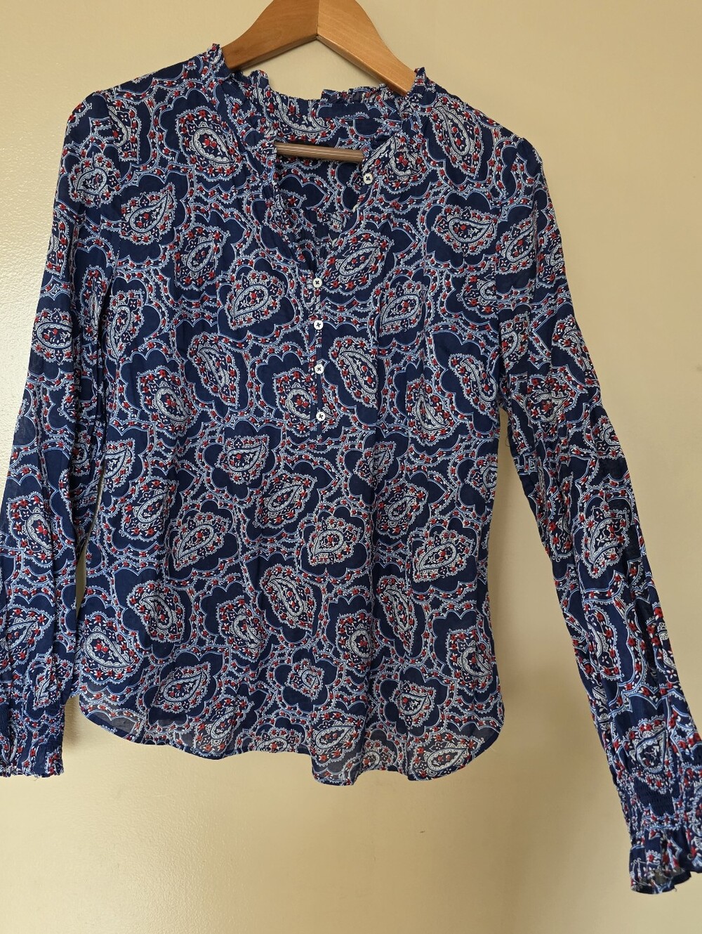 Talbots Paisley Popover Cotton Top L Ruffled Smocked Sleeve Boho Office Career